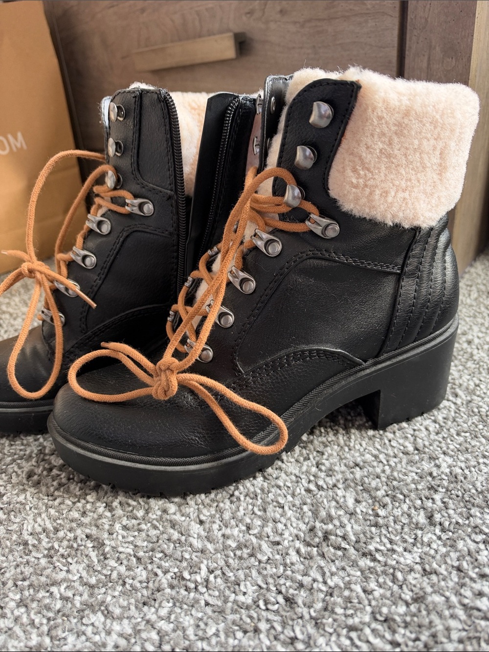 Black Faux Leather Ankle Boots with Shearling Collar